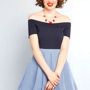 Modcloth Double The Lovely Off Shoulder A-Line dress Lg navy